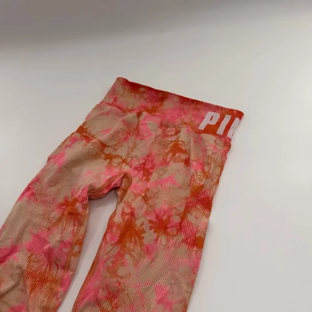 Victoria’s Secret PINK Active Set Orange Tie Dye Seamless Leggings Sports Bra - Picture 5 of 13